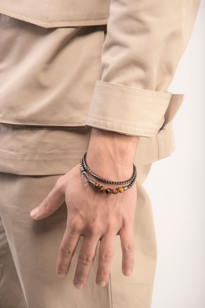 ULYSSES Faceted Beaded Tiger Eye Chain Double Wrap Bracelet in Oxidized Silver-Lifestyle Image