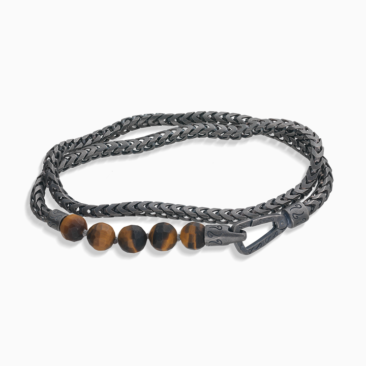 ULYSSES Faceted Beaded Tiger Eye Chain Double Wrap Bracelet in Oxidized Silver-Straight View