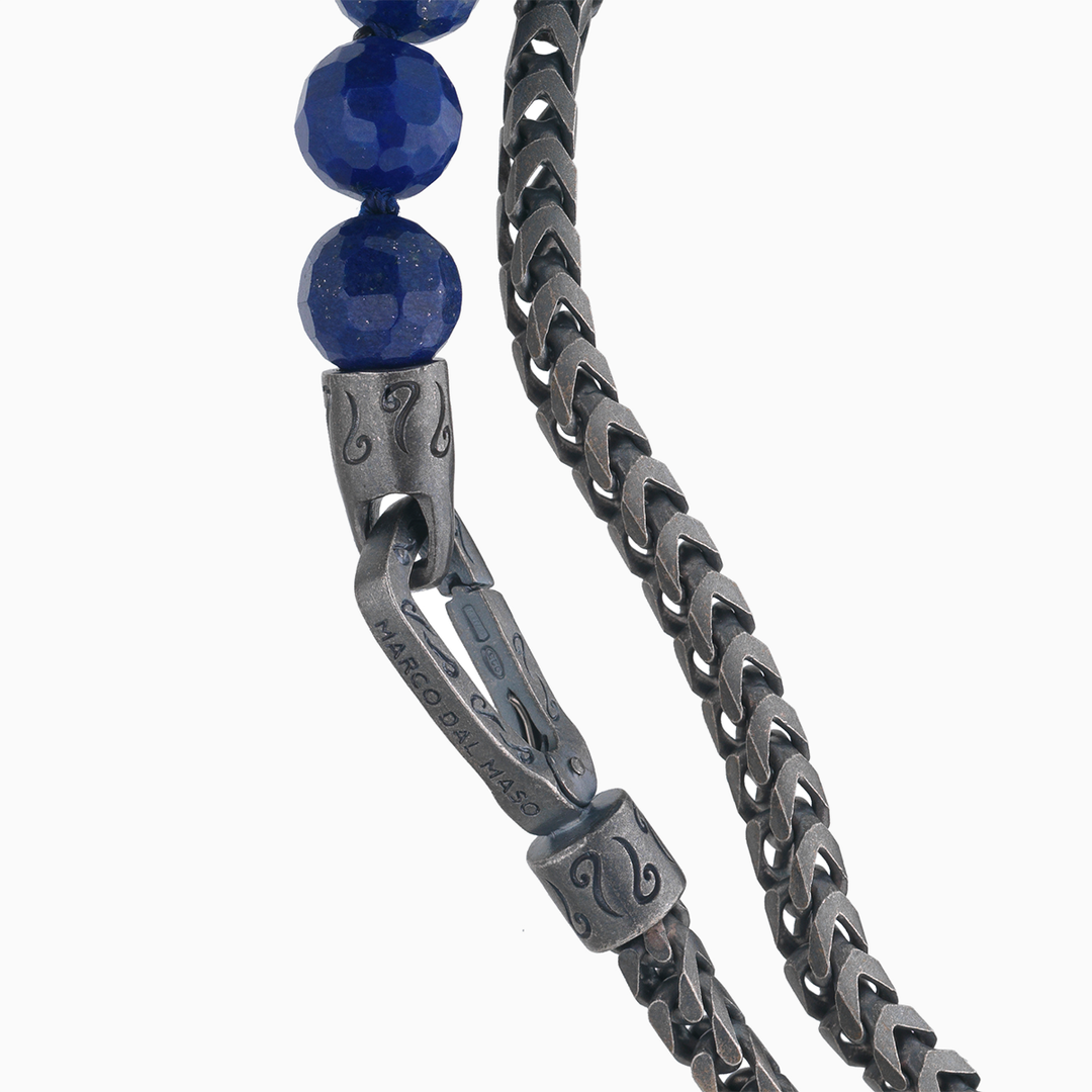 ULYSSES Faceted Beaded Lapis Chain Double Wrap Bracelet in Oxidized Silver-Top View