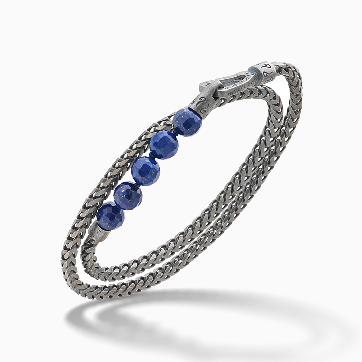 ULYSSES Faceted Beaded Lapis Chain Double Wrap Bracelet in Oxidized Silver-Standard View