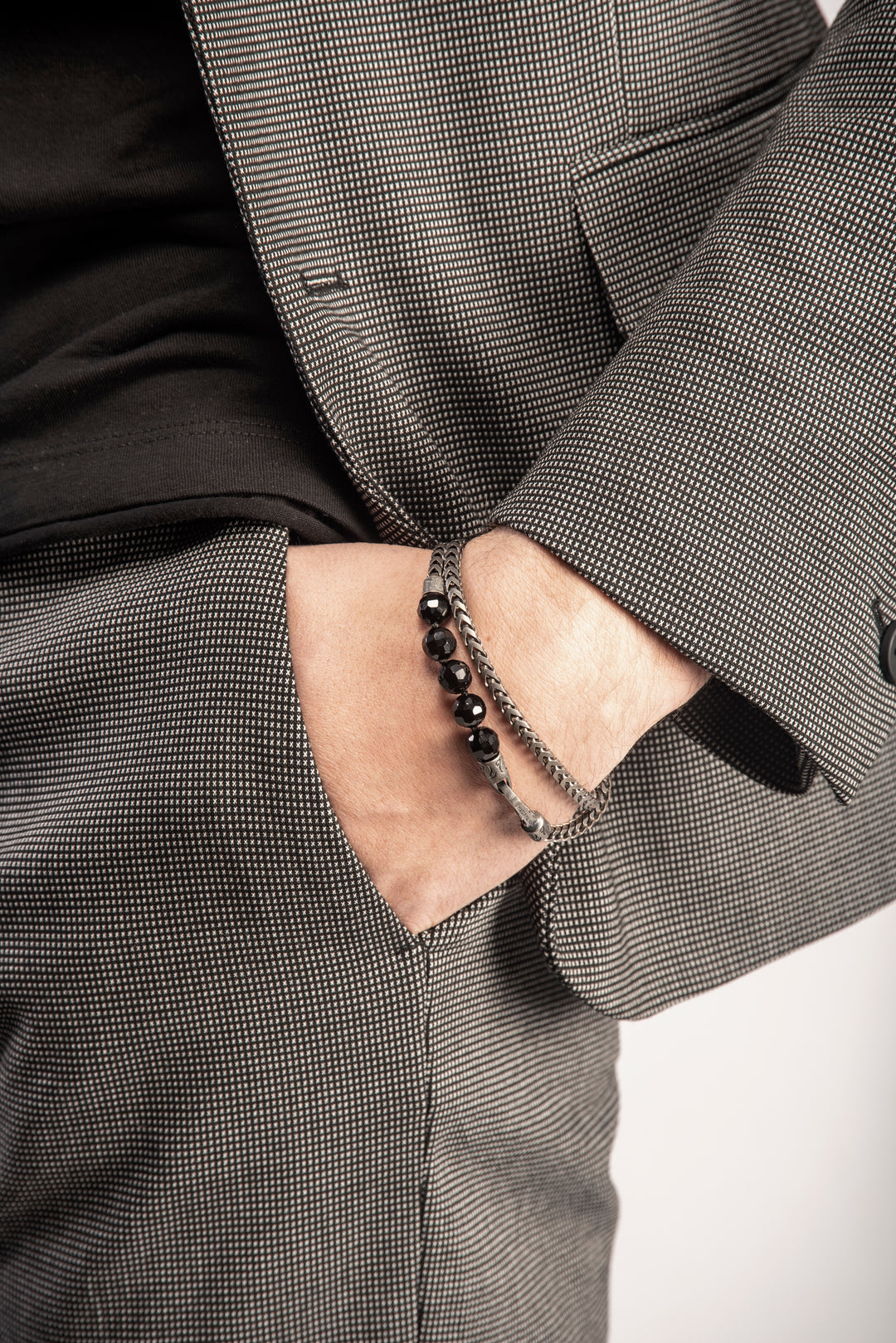 ULYSSES Faceted Beaded Onyx Chain Double Wrap Bracelet in Oxidized Silver-Lifestyle Image