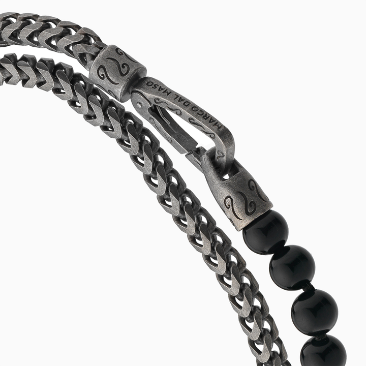 Ulysses Double Wrap Beaded Chain Bracelet, Oxidized Silver, Onyx-Top View