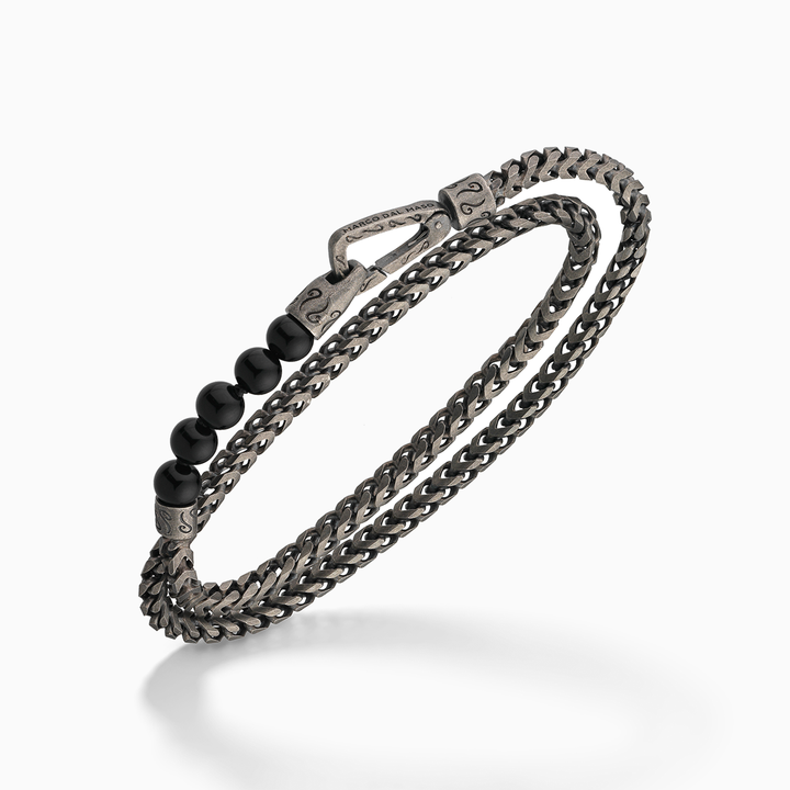 Ulysses Double Wrap Beaded Chain Bracelet, Oxidized Silver, Onyx-Standard View