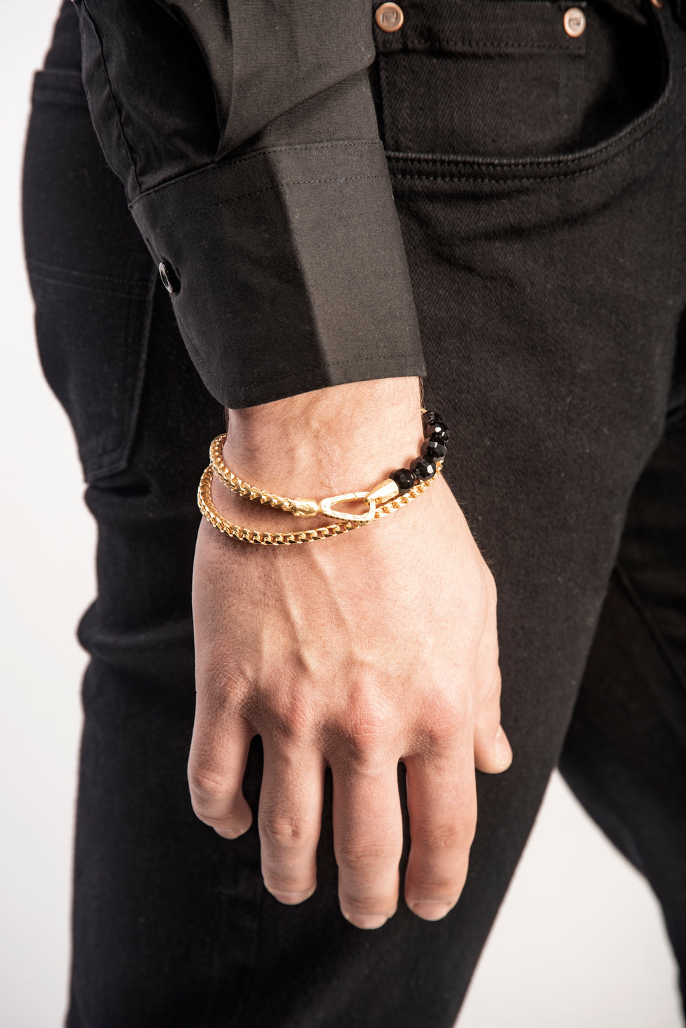 Bracciale ULYSSES in vermeil 18K con doppia catena in onice sfaccettato