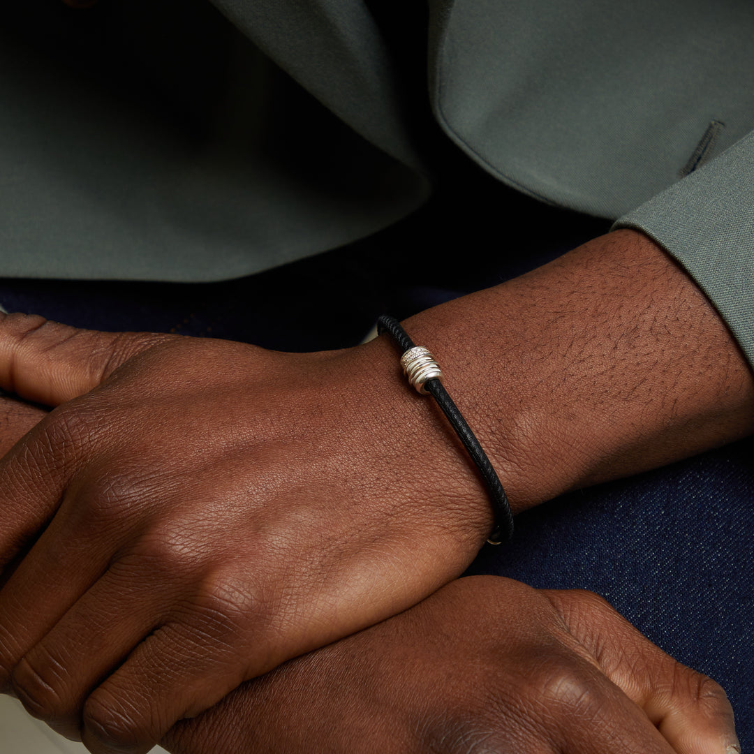 ACIES Triple White Polished Roller Bracelet with White Diamonds and Ivory Enamel