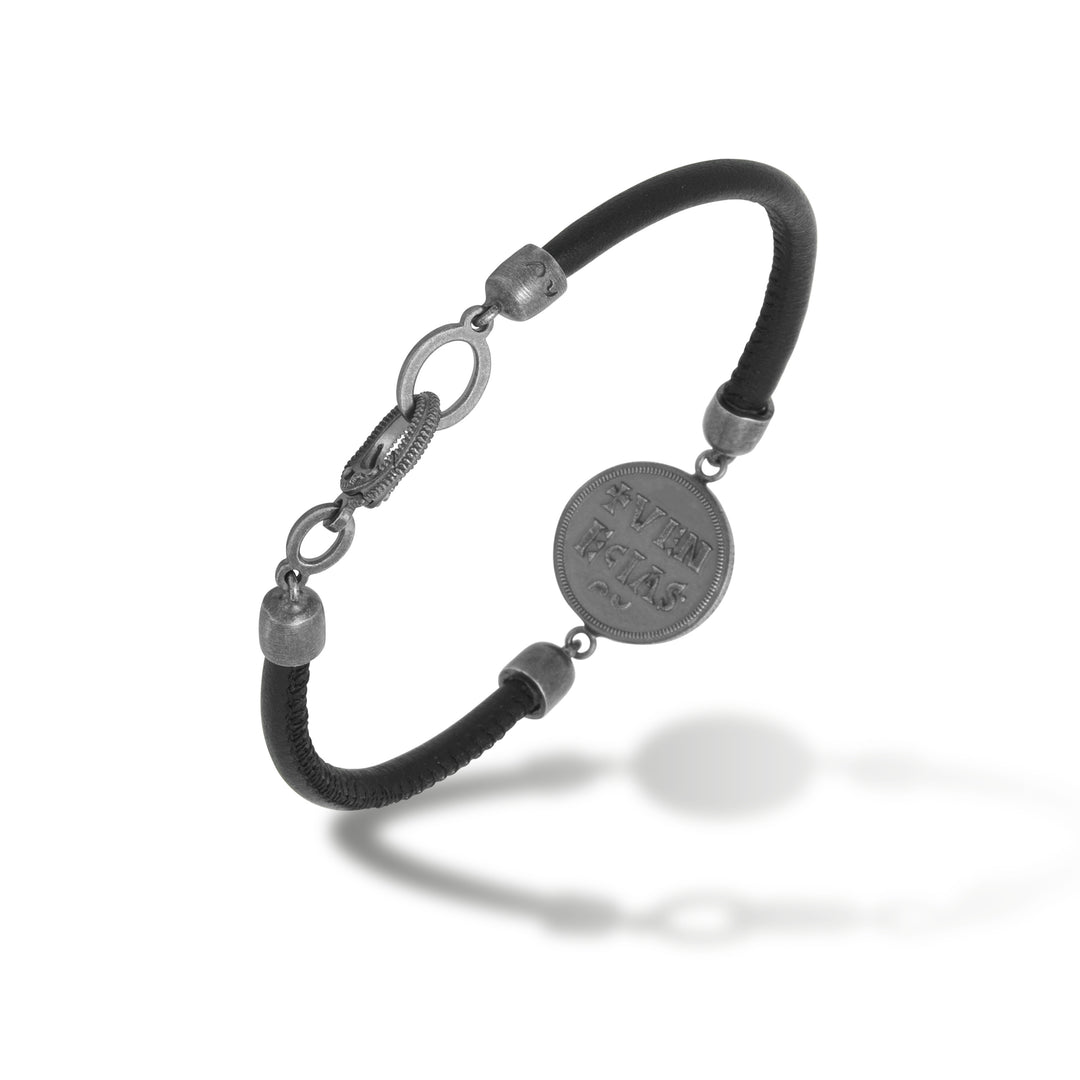MONETA Silver Bracelet with Black Diamonds and Black Leather