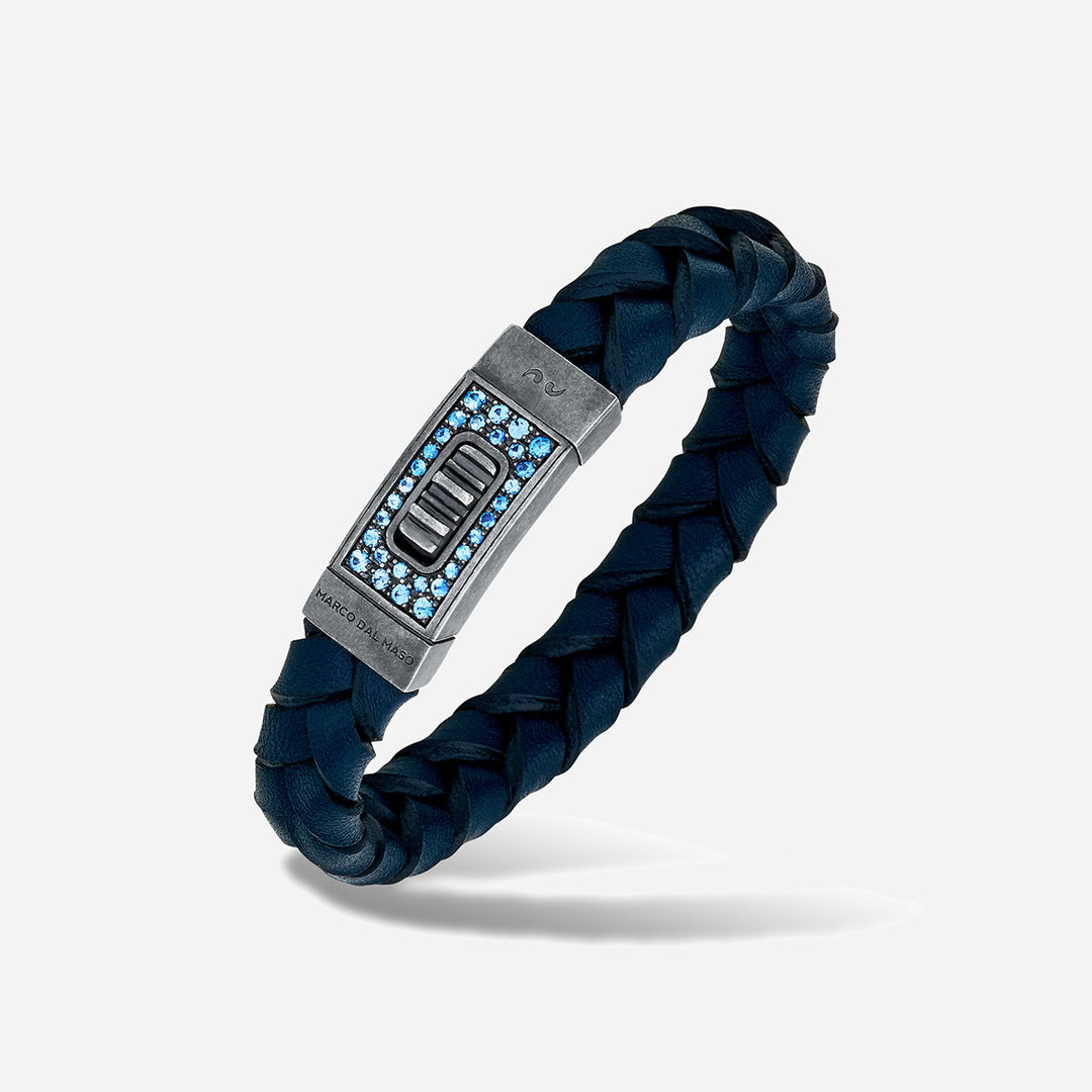 Gladiator oxidized silver bracelet with blue sapphires and blue leather for bold elegance - Marco Dal Maso