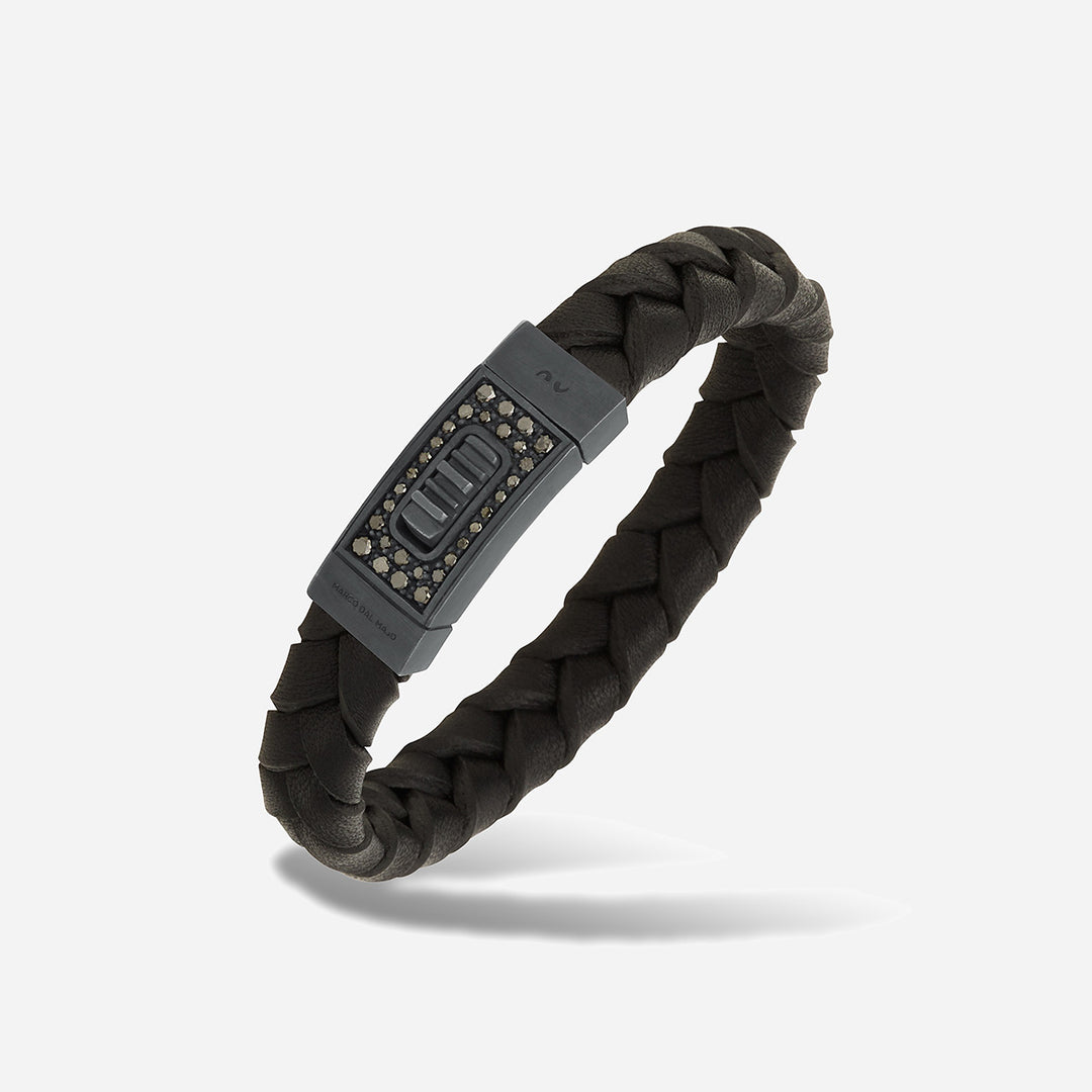 Gladiator oxidized silver bracelet with black diamonds and black leather - Marco Dal Maso