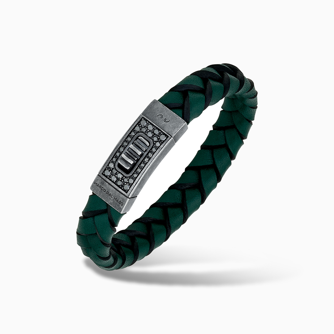 Gladiator oxidized silver bracelet with black diamonds and green leather crafted for elegance - Marco Dal Maso