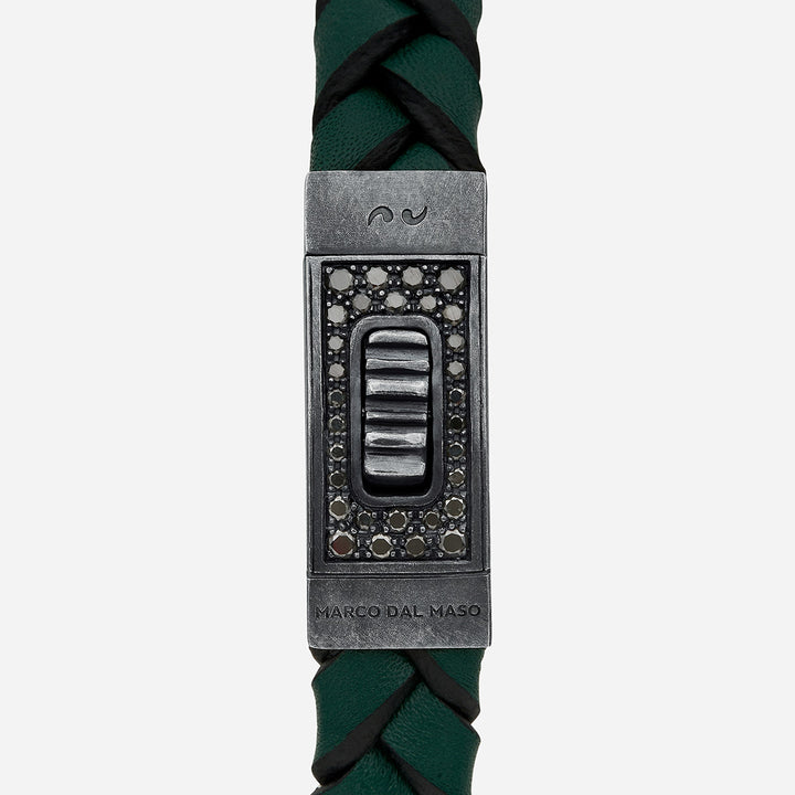 Sophisticated Gladiator oxidized silver bracelet with black diamonds and green leather - Marco Dal Maso