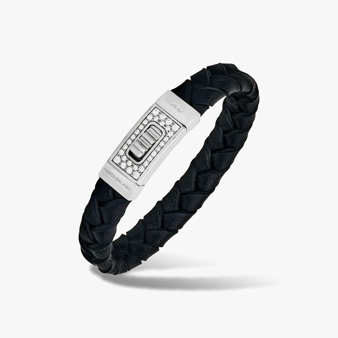 Gladiator polished silver bracelet with lab-grown white diamonds and black leather - Marco Dal Maso