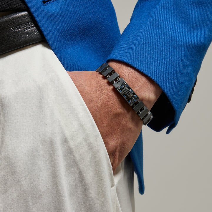 GLADIATOR Slim Bracelet, Oxidized Silver, Black Diamonds, Blue Sapphires 
 - Model