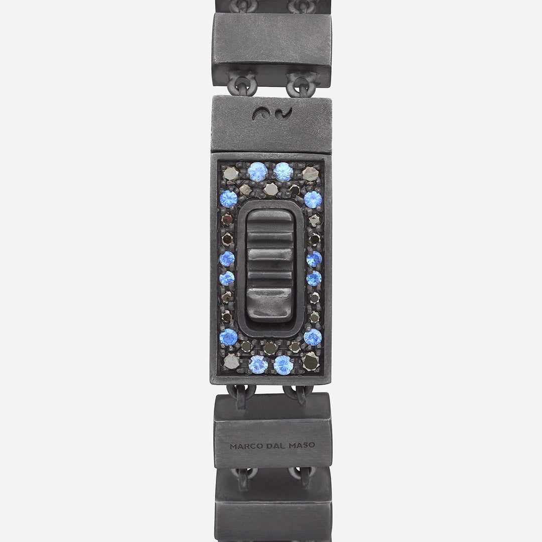 GLADIATOR Slim Bracelet, Oxidized Silver, Black Diamonds, Blue Sapphires - Close up view