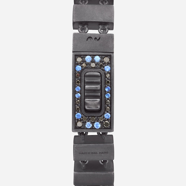 GLADIATOR Slim Bracelet, Oxidized Silver, Black Diamonds, Blue Sapphires - Close up view