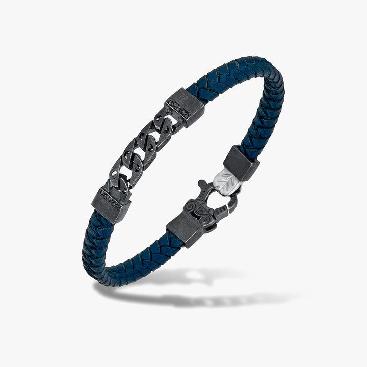 FLAMING TONGUE Chain ID Braided Leather Bracelet, Oxidized Silver, Black Diamonds, Blue Leather