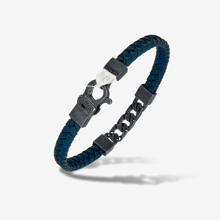 FLAMING TONGUE Chain ID Braided Leather Bracelet, Oxidized Silver, Black Diamonds, Blue Leather - Full View