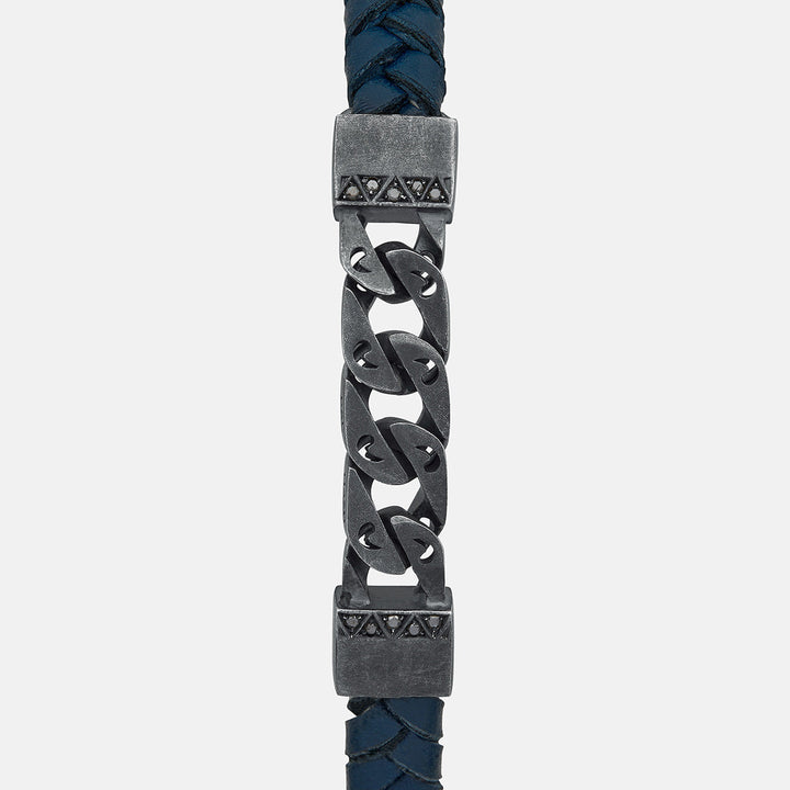 FLAMING TONGUE Chain ID Braided Leather Bracelet, Oxidized Silver, Black Diamonds, Blue Leather - Close-up View