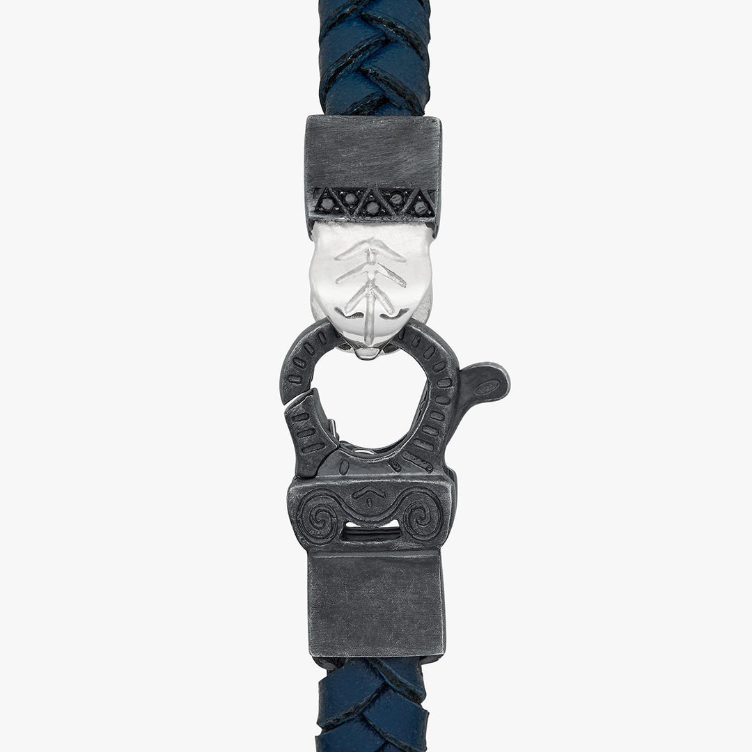 FLAMING TONGUE Chain ID Braided Leather Bracelet, Oxidized Silver, Black Diamonds, Blue Leather -  Clasp View