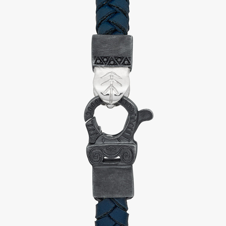 FLAMING TONGUE Chain ID Braided Leather Bracelet, Oxidized Silver, Black Diamonds, Blue Leather -  Clasp View