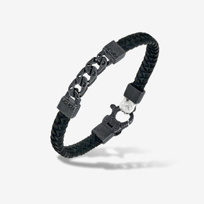 FLAMING TONGUE Chain ID Braided Leather Bracelet, Oxidized Silver, Black Diamonds, Black Leather