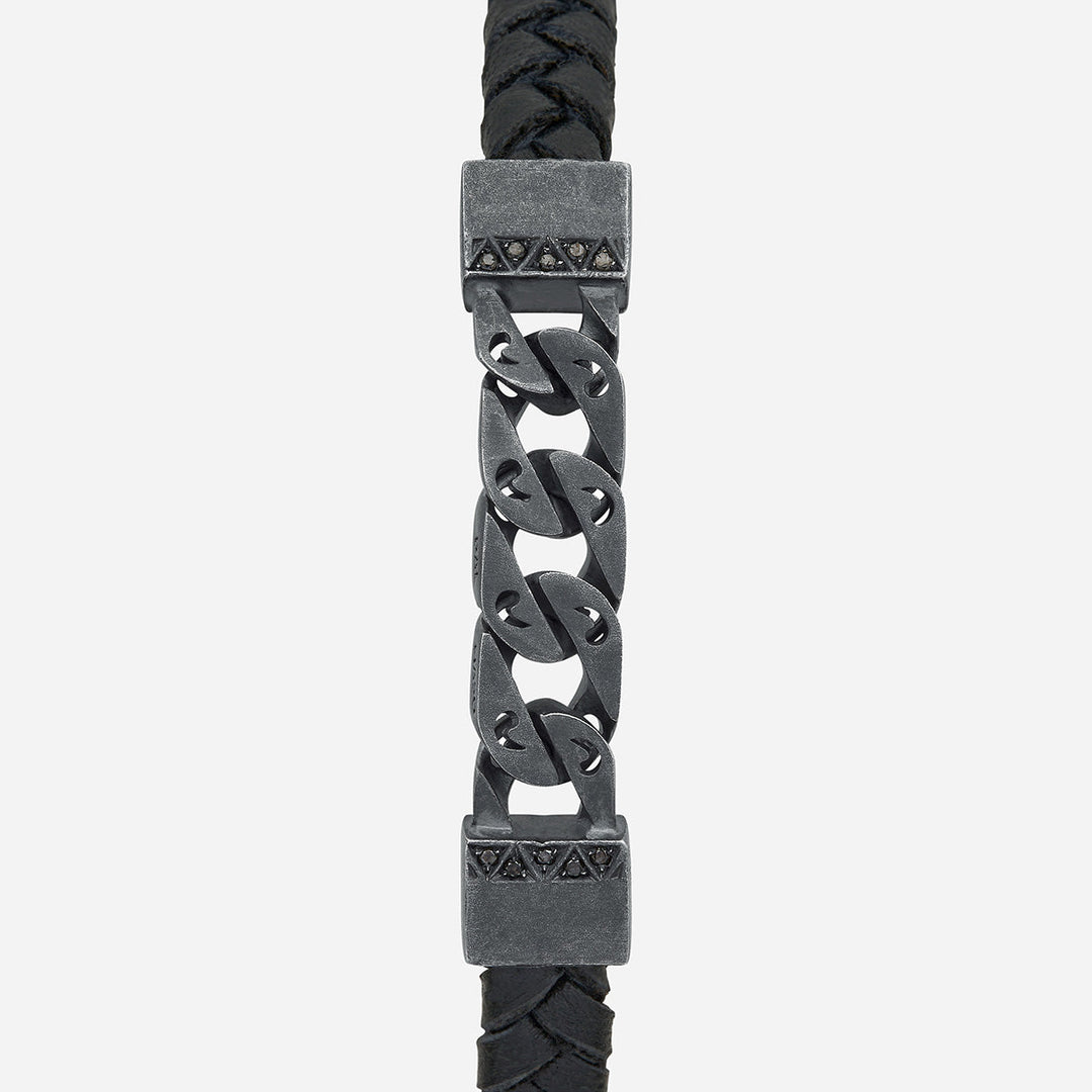 FLAMING TONGUE Chain ID Braided Leather Bracelet, Oxidized Silver, Black Diamonds, Black Leather - Close-up View