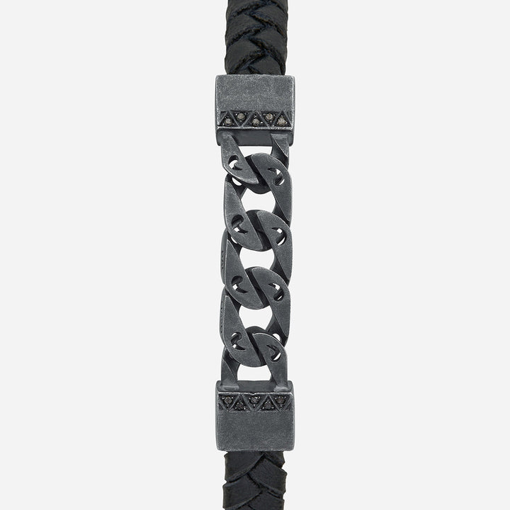 FLAMING TONGUE Chain ID Braided Leather Bracelet, Oxidized Silver, Black Diamonds, Black Leather - Close-up View