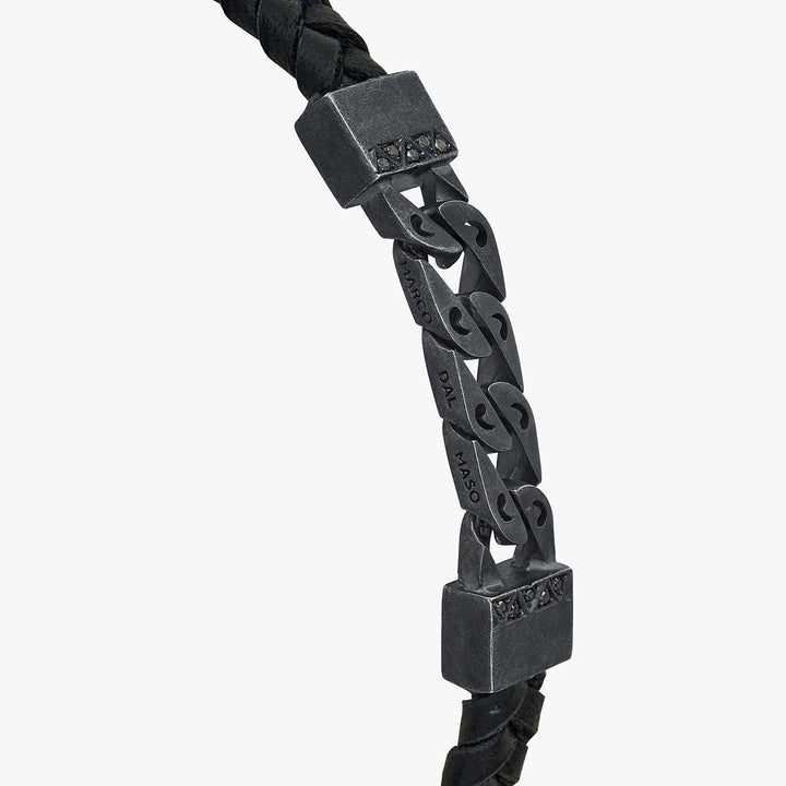 FLAMING TONGUE Chain ID Braided Leather Bracelet, Oxidized Silver, Black Diamonds, Black Leather - Close-up Side View