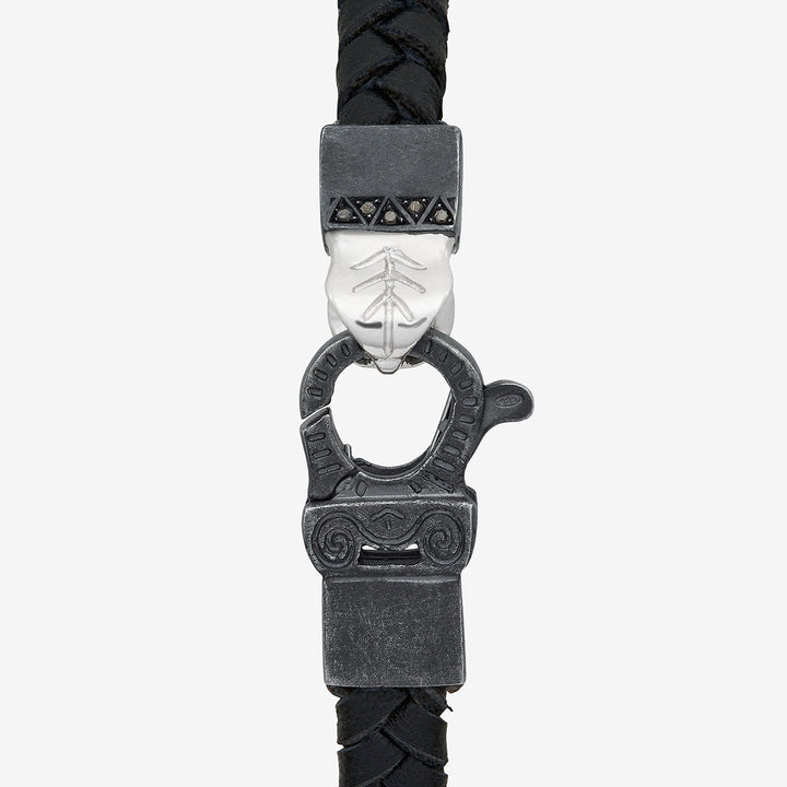 FLAMING TONGUE Chain ID Braided Leather Bracelet, Oxidized Silver, Black Diamonds, Black Leather - Clasp View