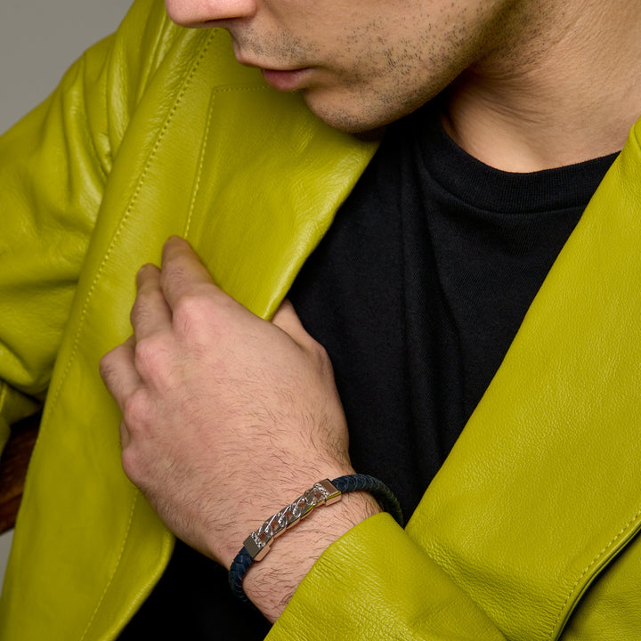 FLAMING TONGUE Chain ID Braided Leather Bracelet, Polished Silver, Black Diamonds, Blue Leather - worn View