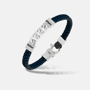 FLAMING TONGUE Chain ID Braided Leather Bracelet, Polished Silver, Black Diamonds, Blue Leather