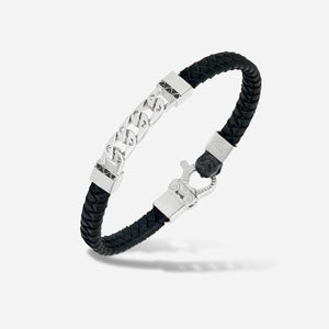 FLAMING TONGUE Chain ID Braided Leather Bracelet, Polished Silver, Black Diamonds, Black Leather