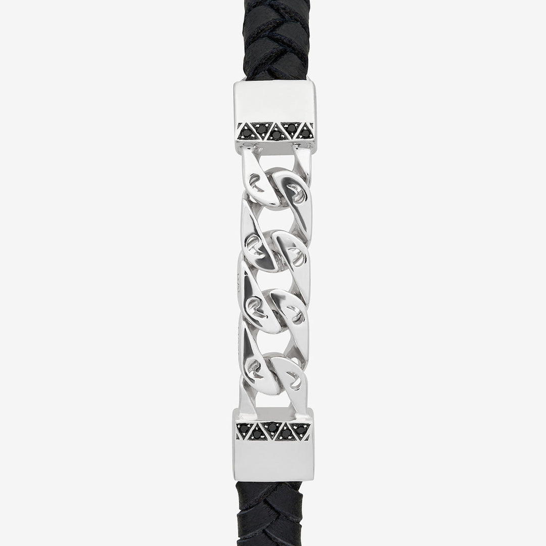 FLAMING TONGUE Chain ID Braided Leather Bracelet, Polished Silver, Black Diamonds, Black Leather - Close-up View