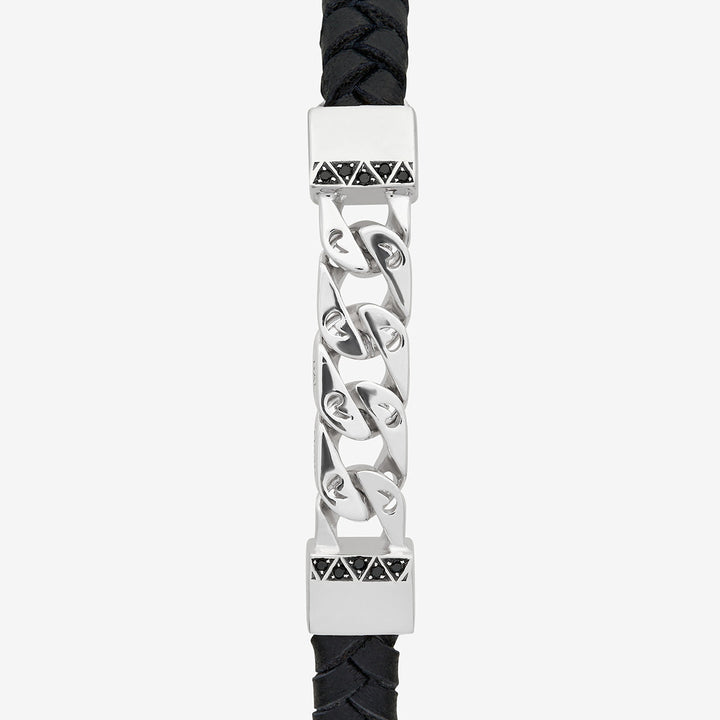 FLAMING TONGUE Chain ID Braided Leather Bracelet, Polished Silver, Black Diamonds, Black Leather - Close-up View