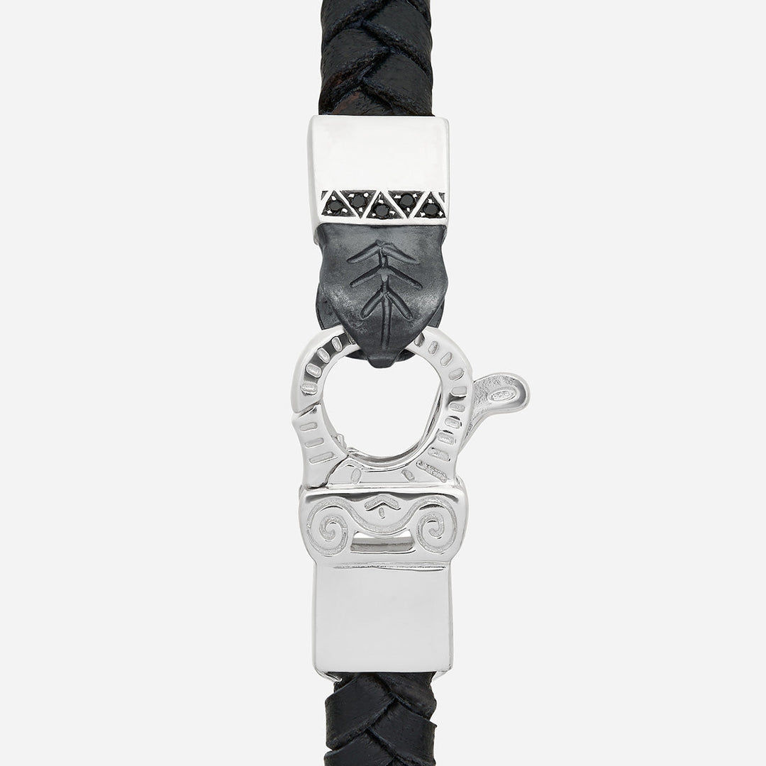 FLAMING TONGUE Chain ID Braided Leather Bracelet, Polished Silver, Black Diamonds, Black Leather - Clasp View