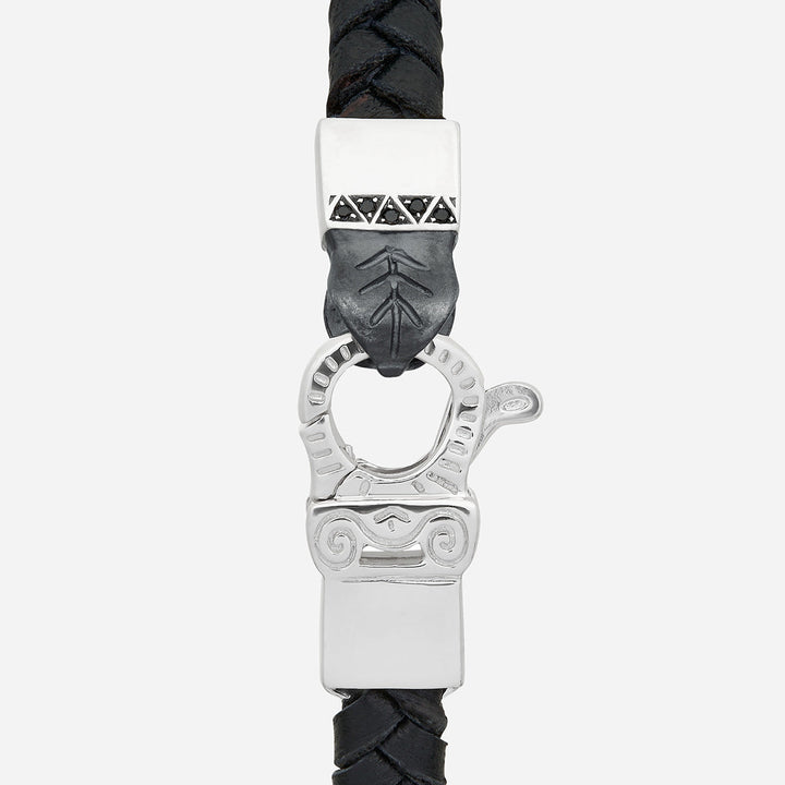 FLAMING TONGUE Chain ID Braided Leather Bracelet, Polished Silver, Black Diamonds, Black Leather - Clasp View