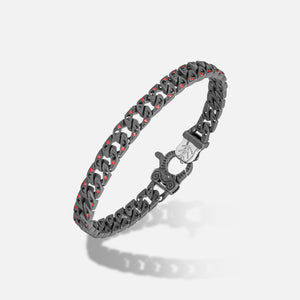 Front of Molten Loop Bracelet in Polished Silver, Oxidized Silver, Red Sapphire - Top