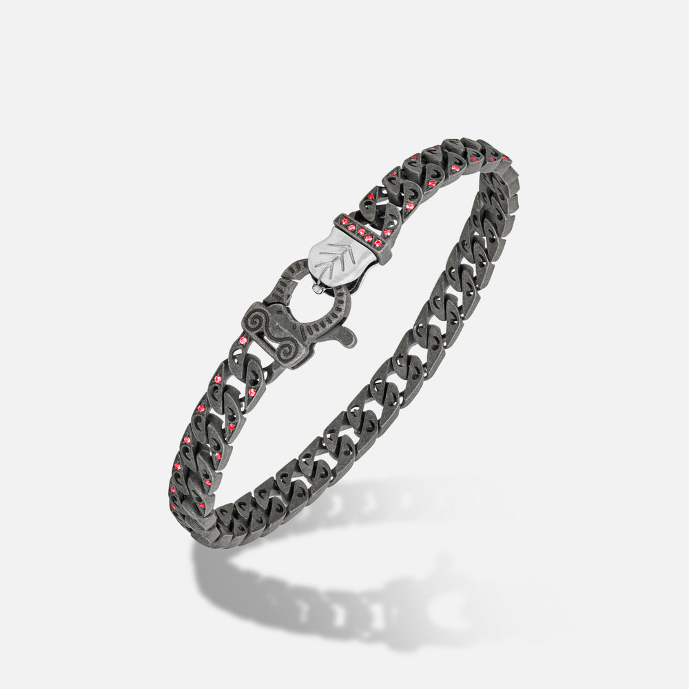 Front of Molten Loop Bracelet in Polished Silver, Oxidized Silver, Red Sapphire - Back