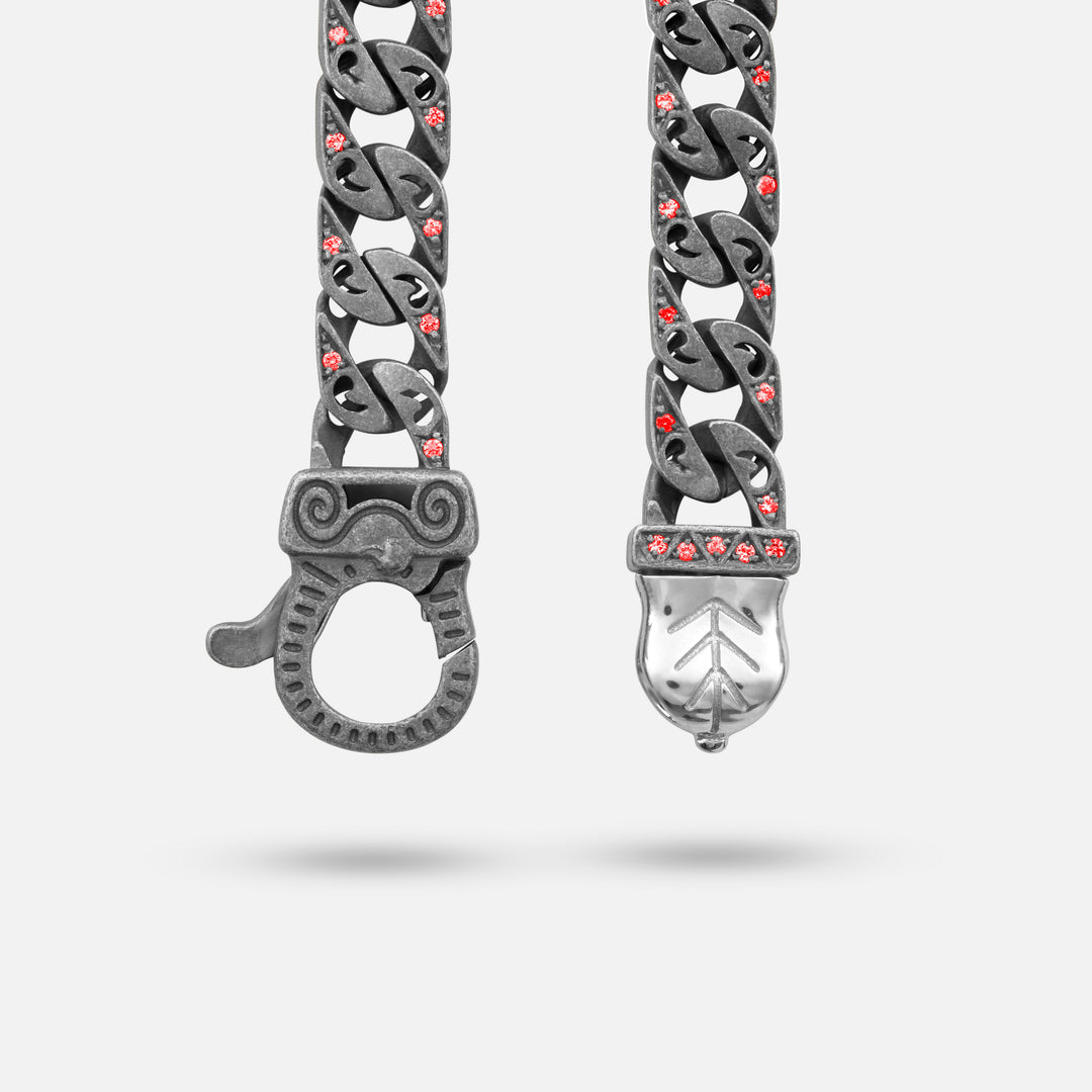 Detail of Molten Loop Bracelet in Polished Silver, Oxidized Silver, Red Sapphire - Front