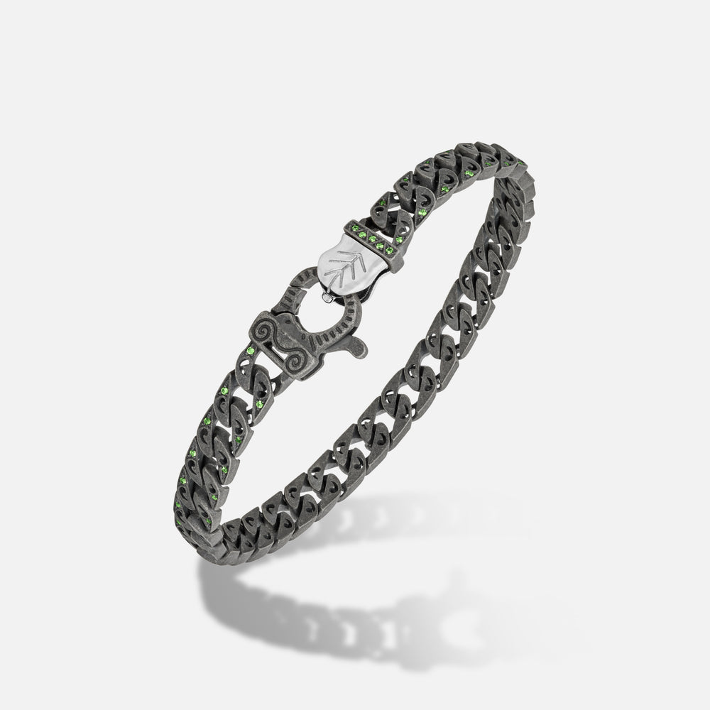 Front of Molten Loop Bracelet in Polished Silver, Oxidized Silver, Tsavorite - Bottom