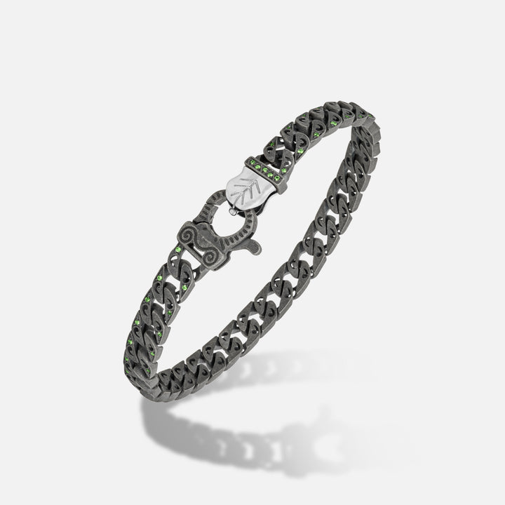 Front of Molten Loop Bracelet in Polished Silver, Oxidized Silver, Tsavorite - Bottom