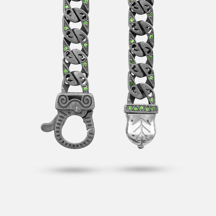Detail of Molten Loop Bracelet in Polished Silver, Oxidized Silver, Tsavorite - Front