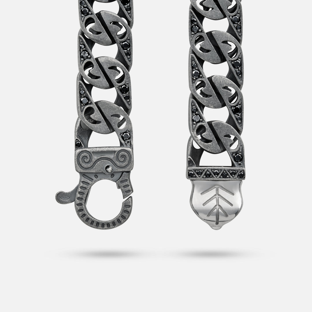 Detail of Molten Loop Wide Bracelet in Polished Silver, Oxidized Silver, Black Diamond - Front