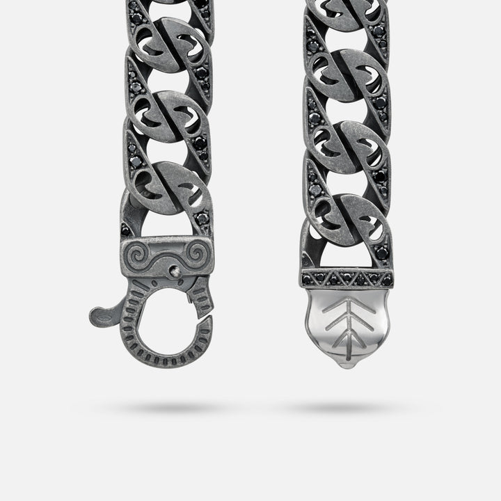Detail of Molten Loop Wide Bracelet in Polished Silver, Oxidized Silver, Black Diamond - Front