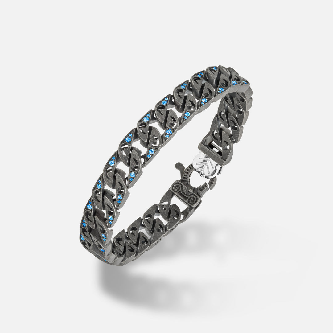 Front of Molten Loop Wide Bracelet in Polished Silver, Oxidized Silver, Blue Sapphire - Top