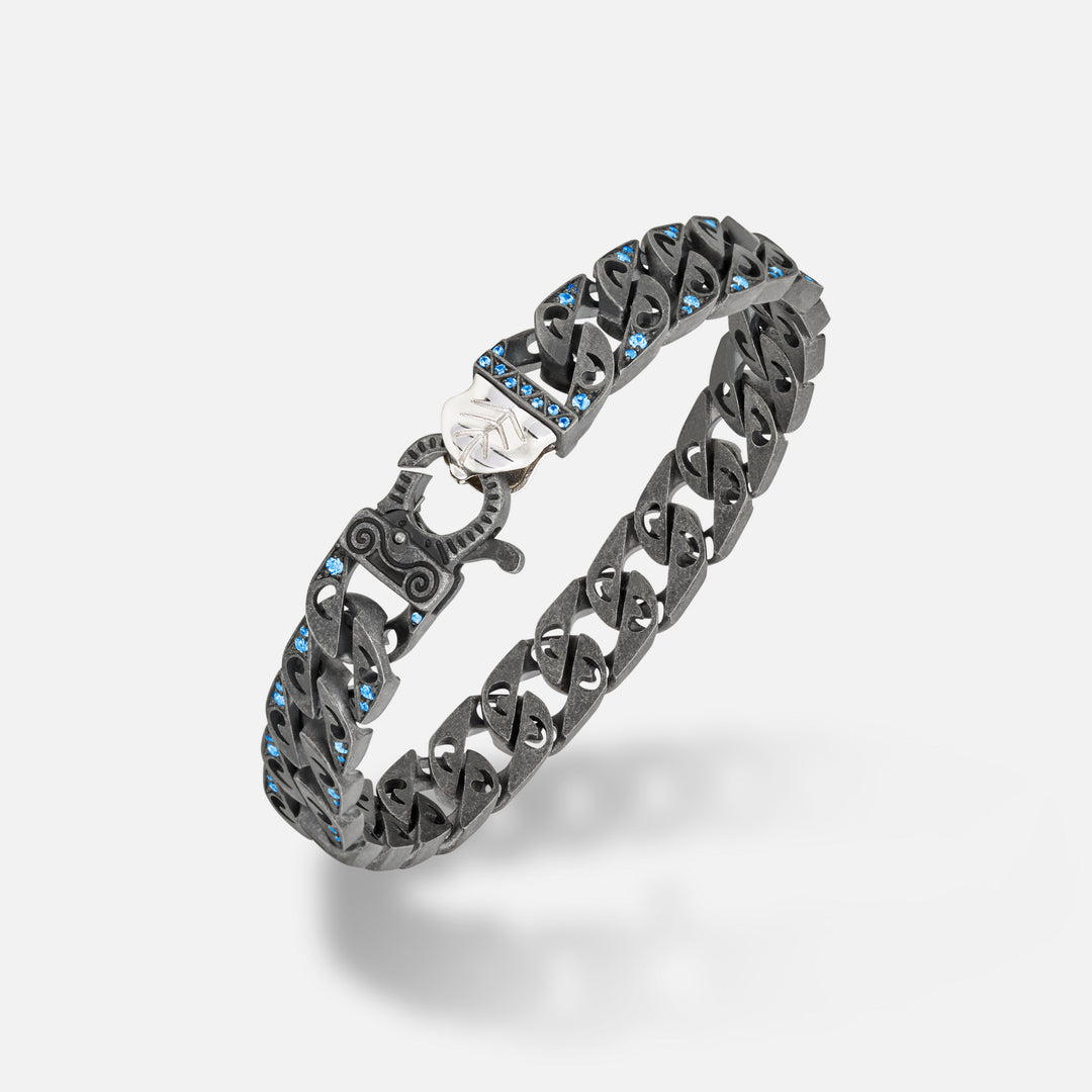 Front of Molten Loop Wide Bracelet in Polished Silver, Oxidized Silver, Blue Sapphire - Bottom