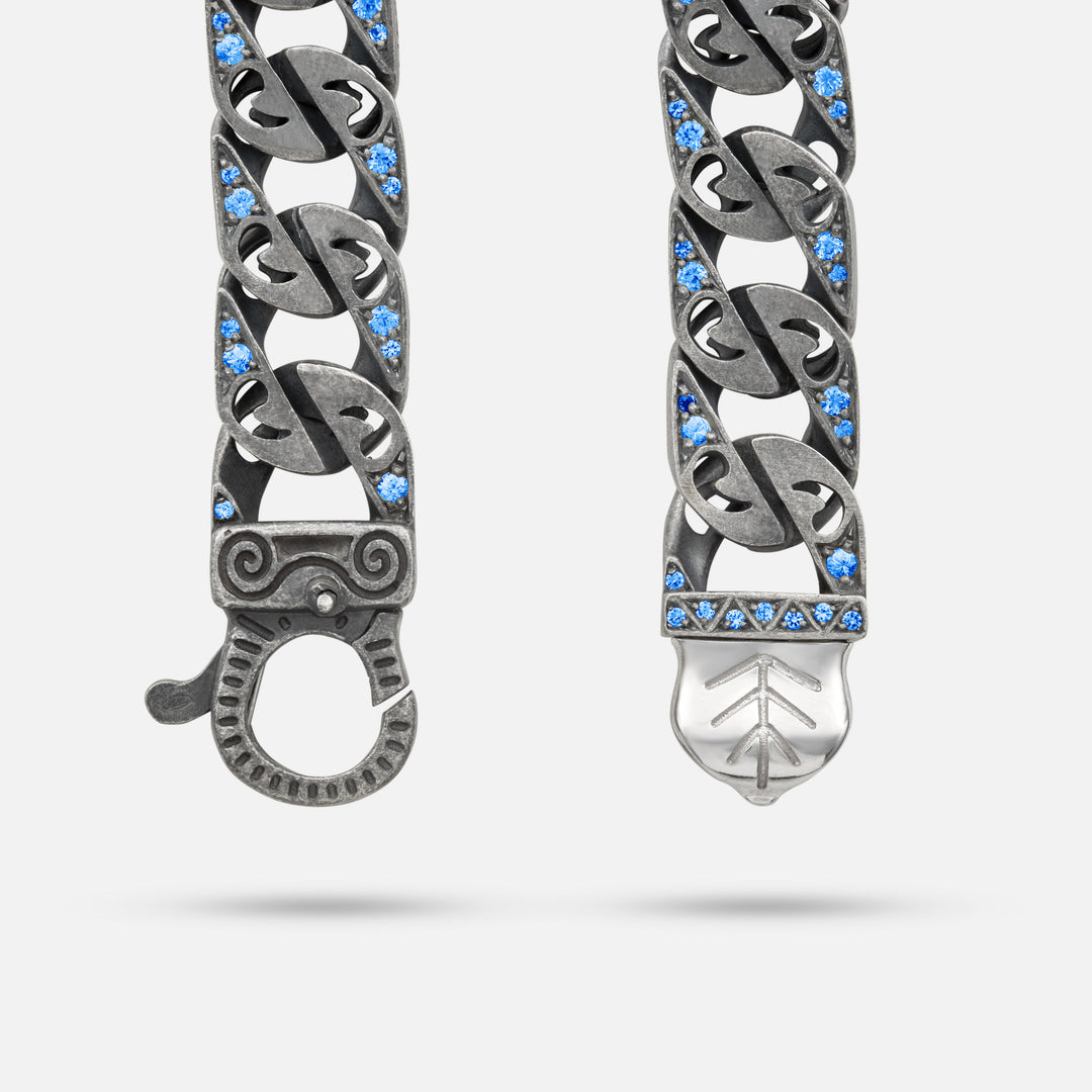 Detail of Molten Loop Wide Bracelet in Polished Silver, Oxidized Silver, Blue Sapphire - Front