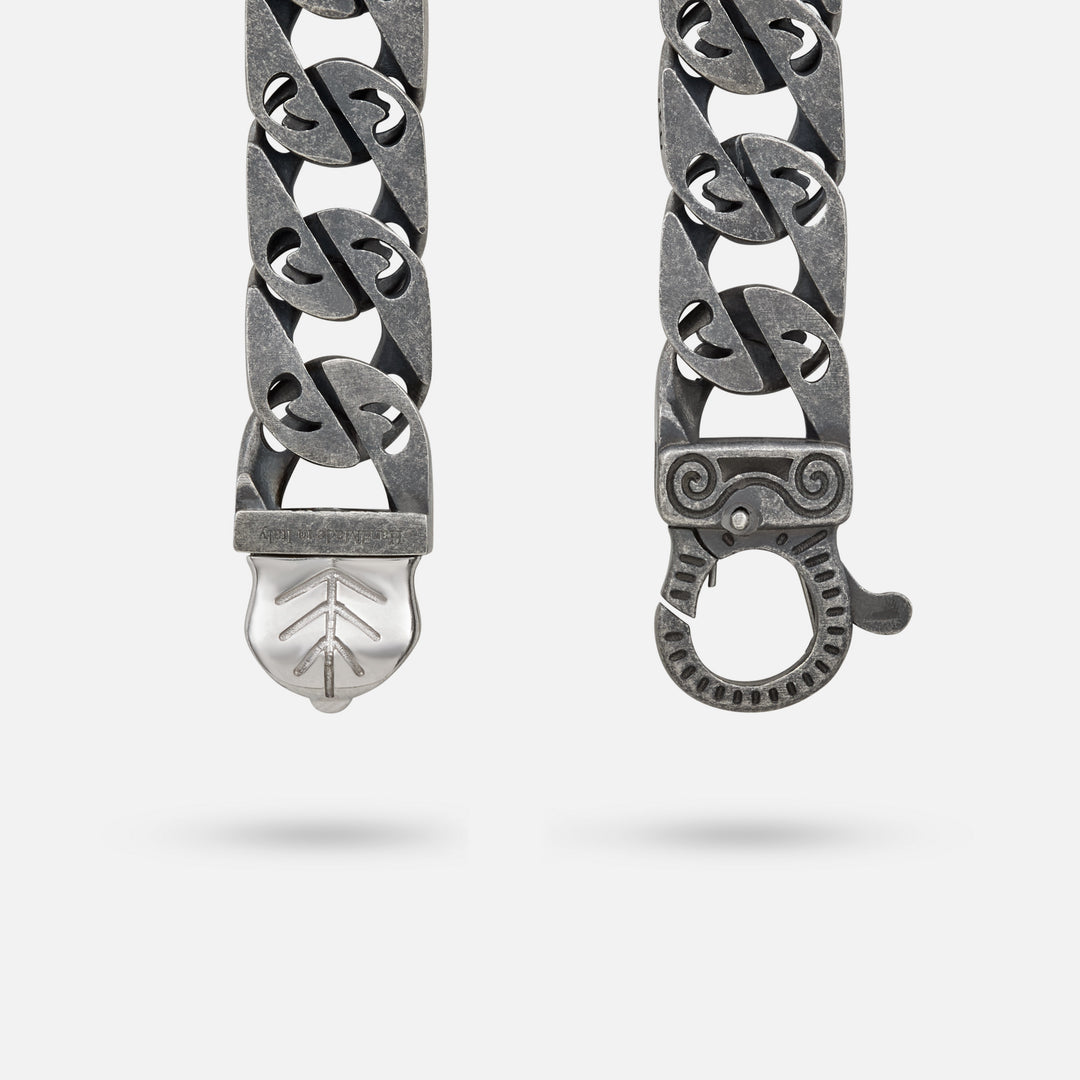 Detail of Molten Loop Wide Bracelet in Polished Silver, Oxidized Silver, Blue Sapphire - Back