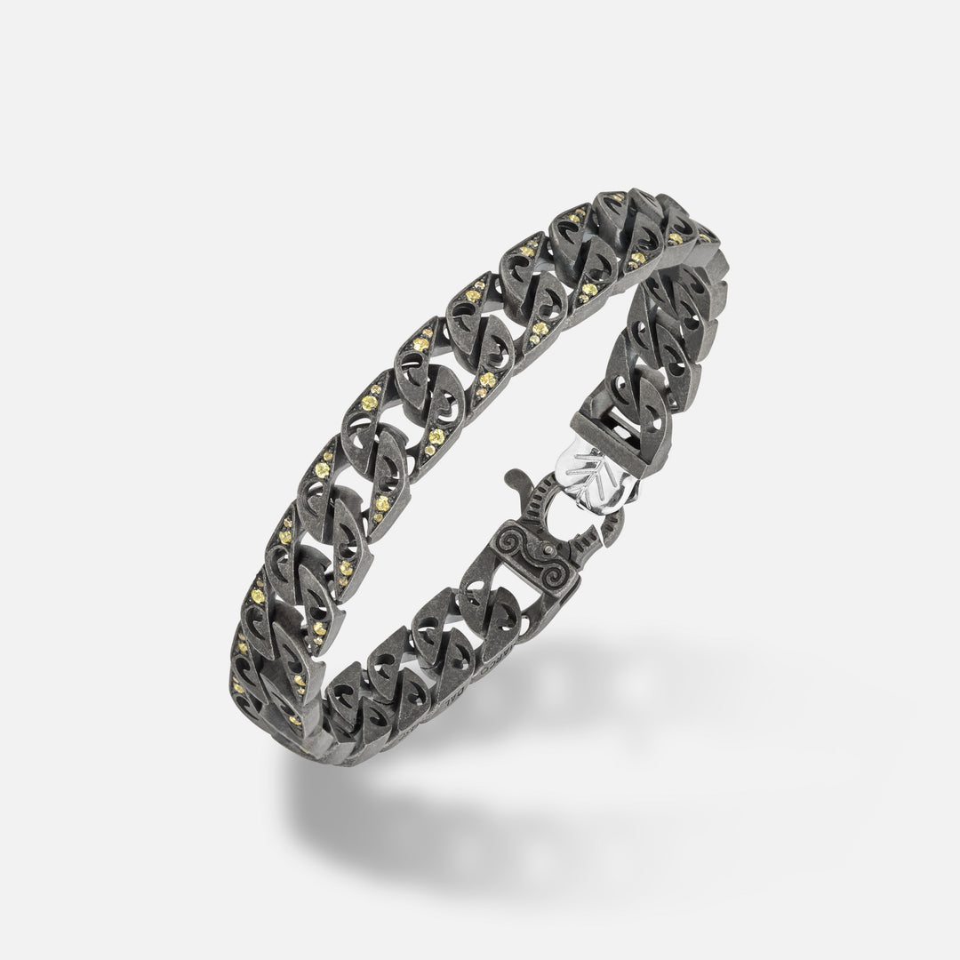 Front of Molten Loop Wide Bracelet in Polished Silver, Oxidized Silver, Yellow Sapphire - Top