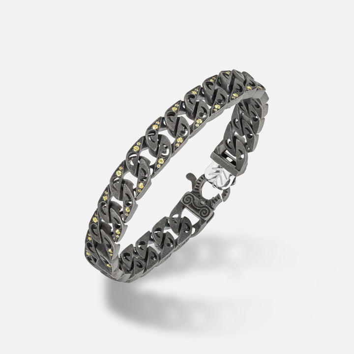 Front of Molten Loop Wide Bracelet in Polished Silver, Oxidized Silver, Yellow Sapphire - Top