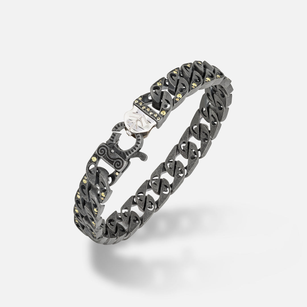 Front of Molten Loop Wide Bracelet in Polished Silver, Oxidized Silver, Yellow Sapphire - Bottom